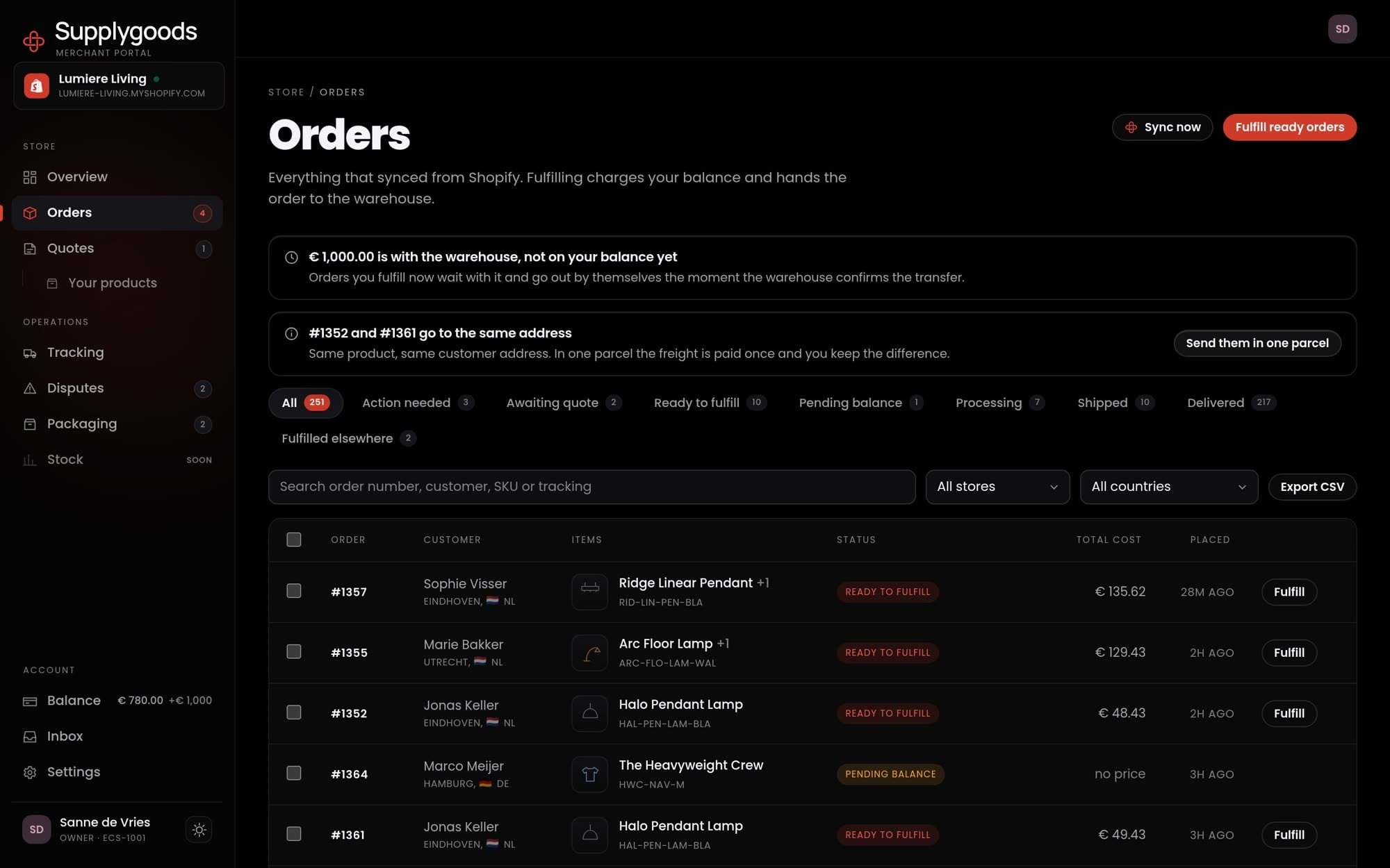 The orders list